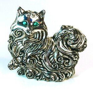 Franklin Mint Curio Cabinet Cat Art Nouveau Pewter Figurine With Green Eyes